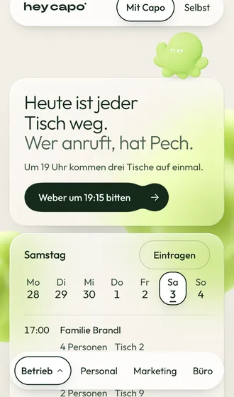 Die App am Handy. Capo sagt: Heute ist jeder Tisch weg. Wer anruft, hat Pech. Darunter die Reservierungen vom Samstag.