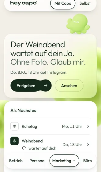 Die App am Handy. Capo sagt: Der Weinabend wartet auf dein Ja. Ohne Foto. Glaub mir. Darunter die nächsten Beiträge.