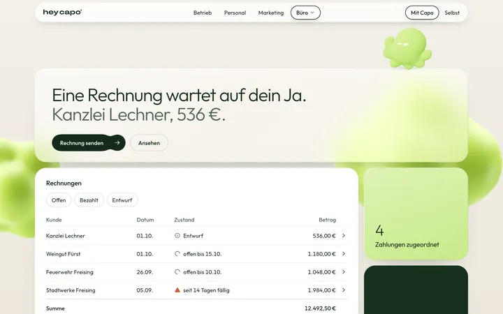 Die App am Rechner. Capo sagt: Eine Rechnung wartet auf dein Ja. Kanzlei Lechner, 536 Euro. Darunter die Liste der Rechnungen.