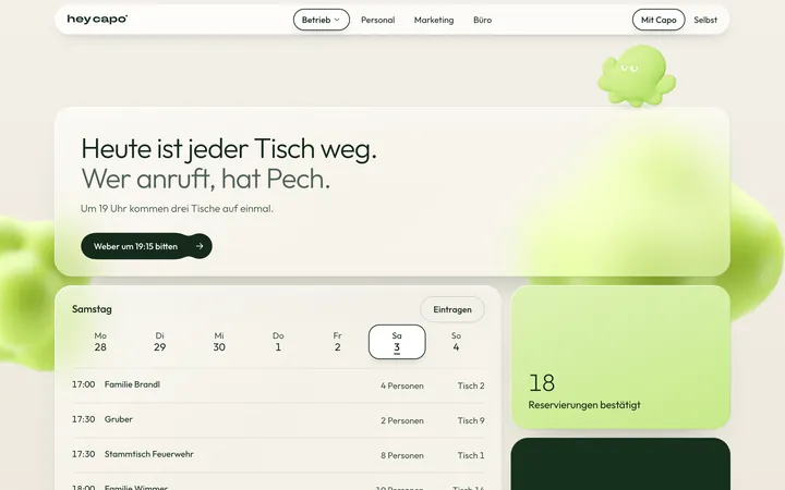 Die App am Rechner. Capo sagt: Heute ist jeder Tisch weg. Wer anruft, hat Pech. Darunter die Reservierungen vom Samstag und die bestätigten Tische.