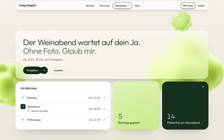 Die App am Rechner. Capo sagt: Der Weinabend wartet auf dein Ja. Ohne Foto. Glaub mir. Darunter die nächsten Beiträge und die freien Plätze am Weinabend.