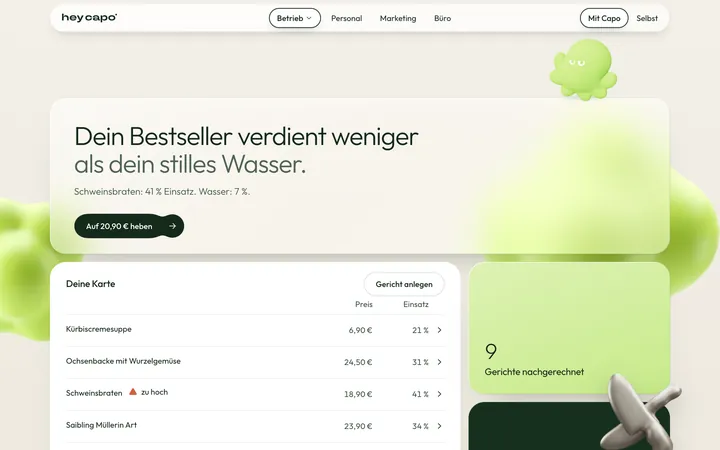 Die App am Rechner. Capo sagt: Dein Bestseller verdient weniger als dein stilles Wasser. Darunter die Karte mit Preis und Einsatz je Gericht.